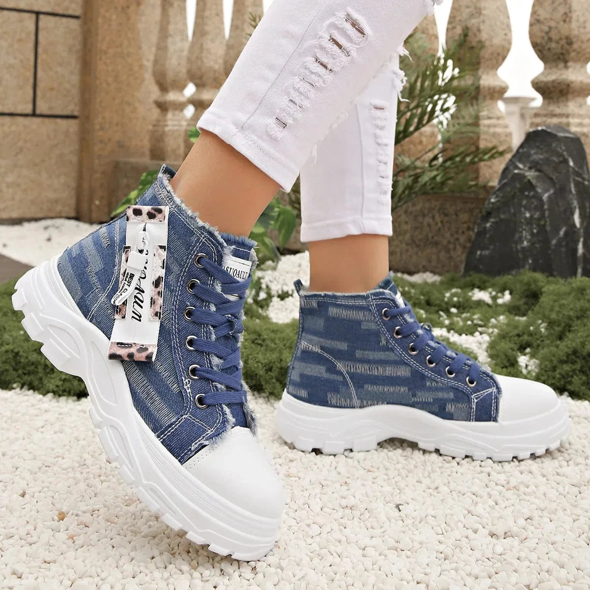 Lace Up Platform Sneakers Denim Blue - Fashorio