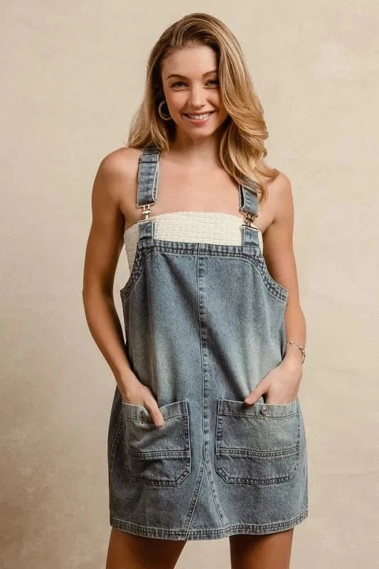 BiBi Washed Adjustable Strap Denim Overall Dress Denim - Fashorio