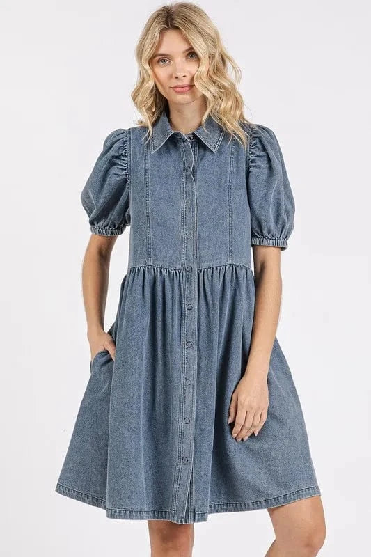 Mittoshop Button Down Puff Sleeve Denim Dress DENIM - Fashorio