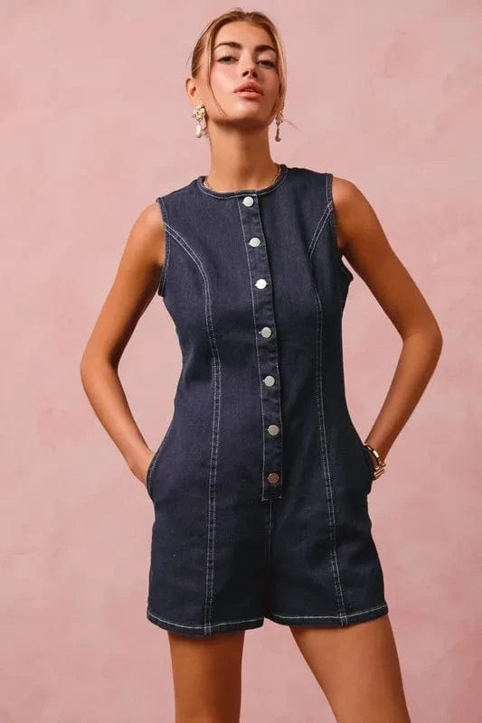 SO ME Button Up Front Washed Denim Sleeveless Romper DENIM - Fashorio