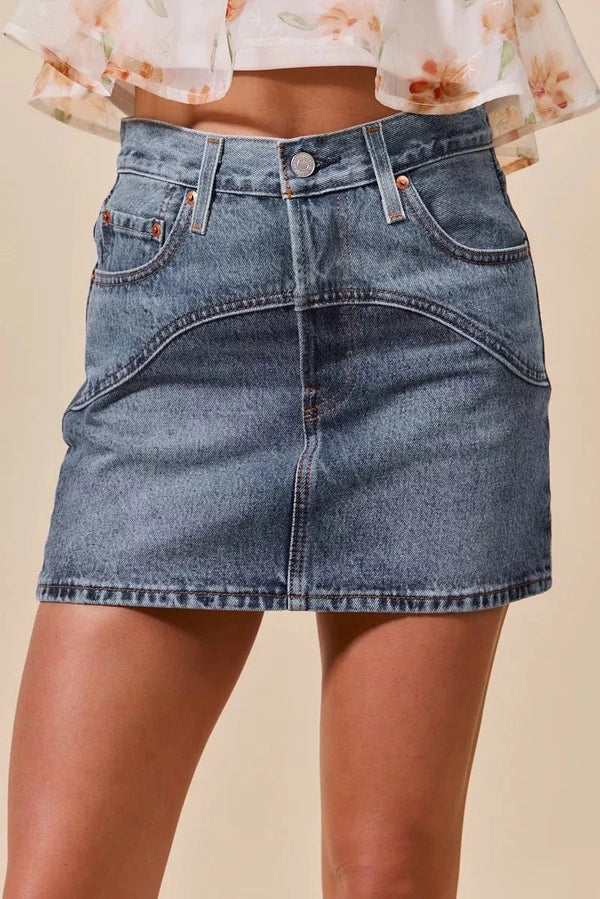 SO ME Washed Denim Mini Skirt with Pockets DENIM - Fashorio