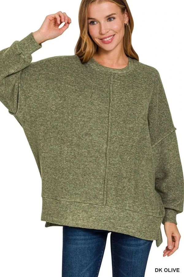 Zenana Brushed Melange Hacci Oversized Sweater DK OLIVE - Fashorio