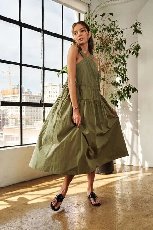 ADORA Crisscross Wide Strap Drawstring Detail Midi Dress - Fashorio