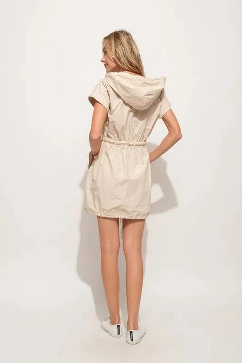 And The Why Short Sleeve String Details Hooded Mini Dress - Fashorio