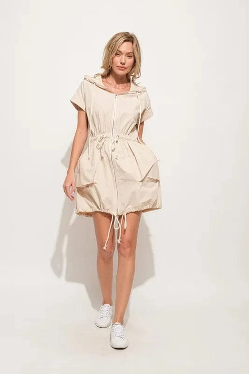 And The Why Short Sleeve String Details Hooded Mini Dress - Fashorio