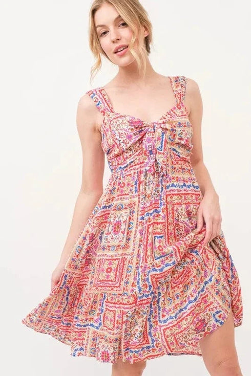 And The Why Tied Front Smocked Back Tiered Boho Printed Dress - Fashorio