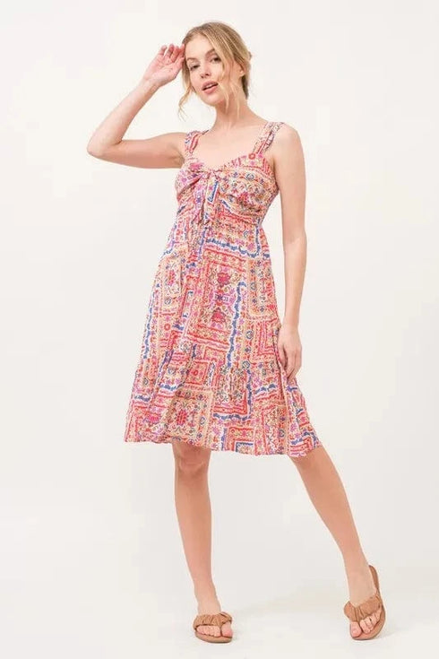 And The Why Tied Front Smocked Back Tiered Boho Printed Dress - Fashorio