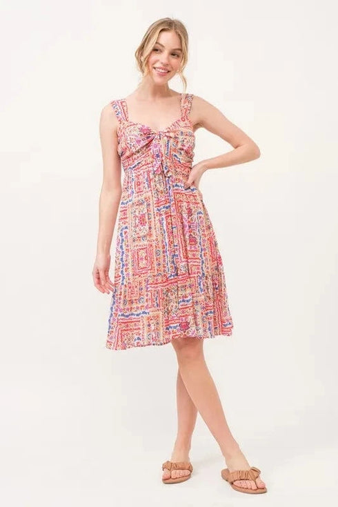 And The Why Tied Front Smocked Back Tiered Boho Printed Dress - Fashorio