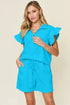 Double Take Full Size Texture Flounce Sleeve Top and Drawstring Shorts Set Aqua - Fashorio