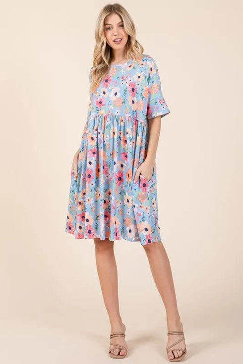 BOMBOM Floral Shirred Dress with Pockets AS SHOWN - Fashorio