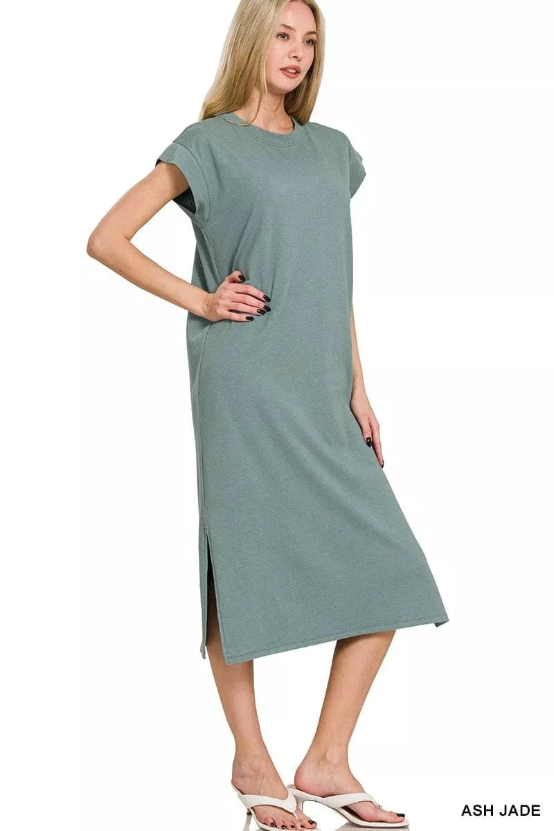 Zenana Round Neck Side Slit Midi Dress ASH JADE - Fashorio