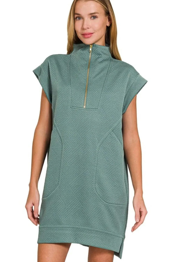 Zenana Textured Knit Jacquard Quarter Zipper Mini Dress ASH JADE - Fashorio