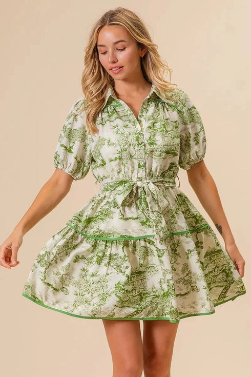 BiBi Woven Printed Tiered Dress AVOCADO - Fashorio