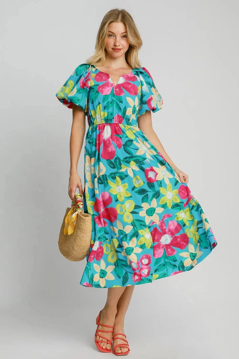 Umgee Full Size Tiered Floral Print Notched Puff Sleeve Midi Dress Plus Size AZUREMIX - Fashorio
