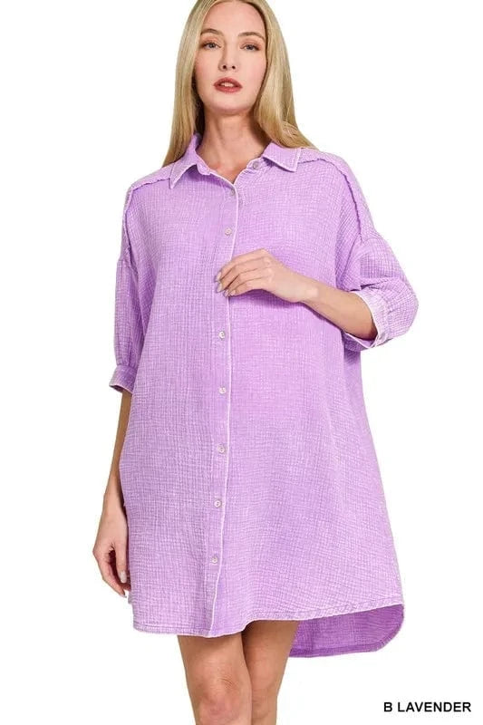 Zenana Washed Double Gauze Button Down Shirt Dress B LAVENDER - Fashorio