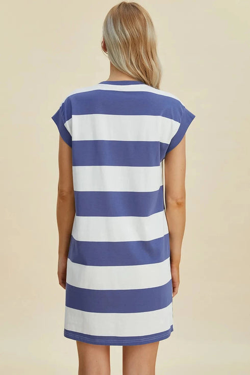 Basic Bae Full Size Striped Round Neck Cap Sleeve Mini Dress - Fashorio