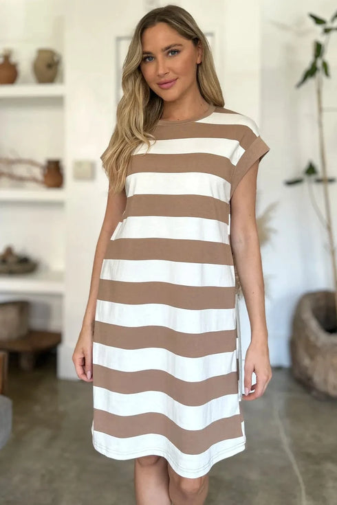 Basic Bae Full Size Striped Round Neck Cap Sleeve Mini Dress - Fashorio