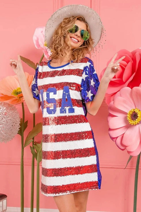 BiBi American Flag Theme Usa Print Sequin Dress - Fashorio