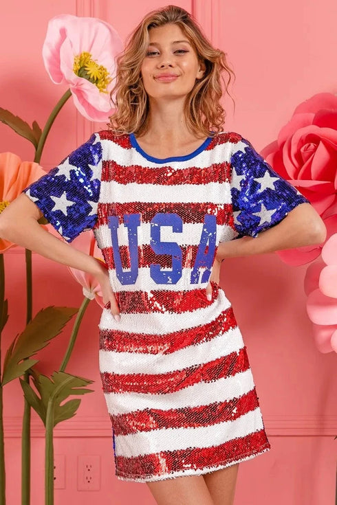 BiBi American Flag Theme Usa Print Sequin Dress - Fashorio