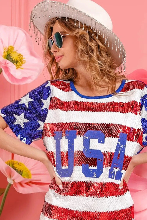 BiBi American Flag Theme Usa Print Sequin Dress - Fashorio