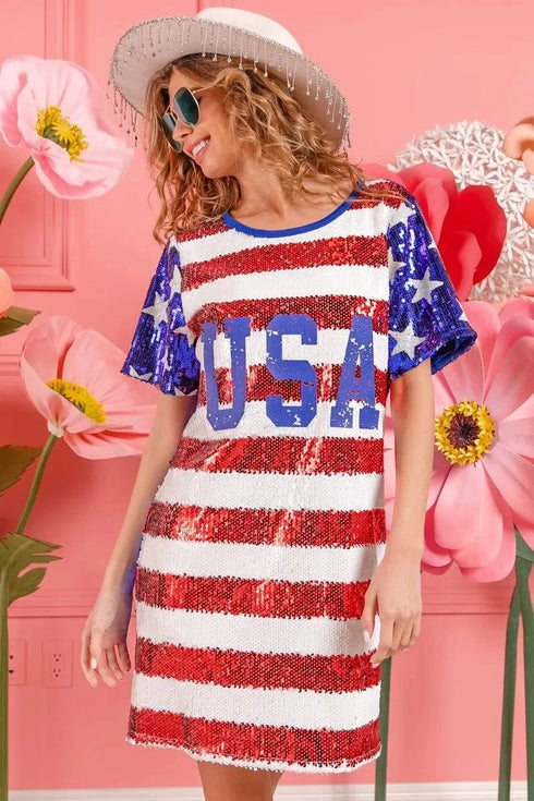 BiBi American Flag Theme Usa Print Sequin Dress - Fashorio