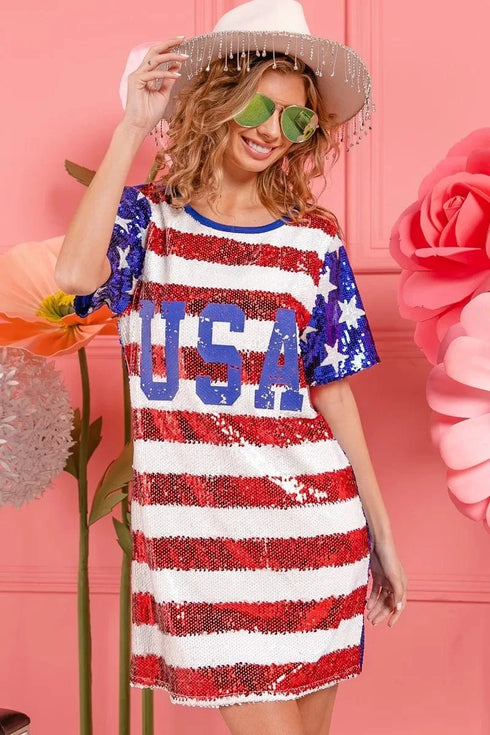 BiBi American Flag Theme Usa Print Sequin Dress - Fashorio