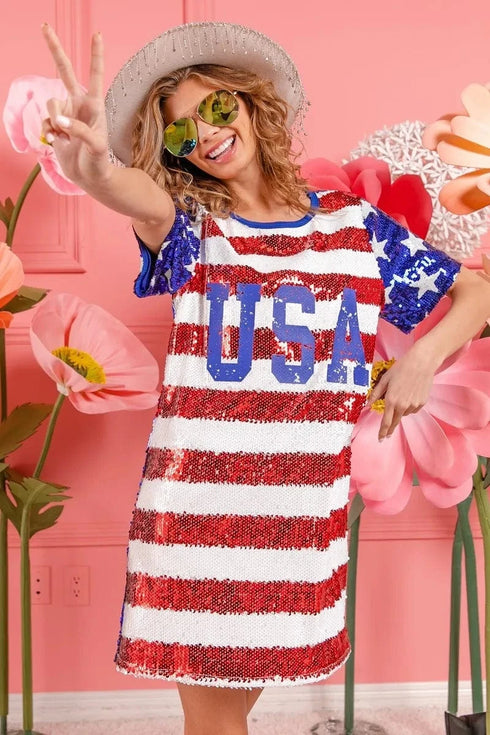 BiBi American Flag Theme Usa Print Sequin Dress - Fashorio