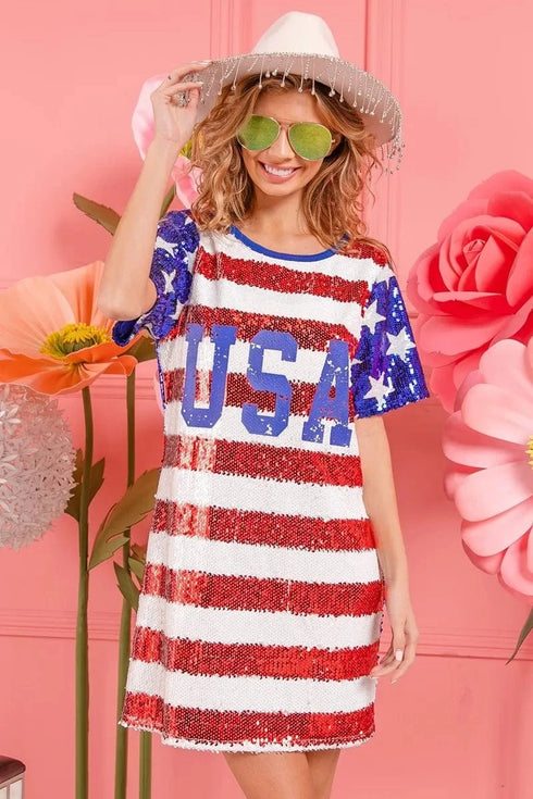 BiBi American Flag Theme Usa Print Sequin Dress - Fashorio