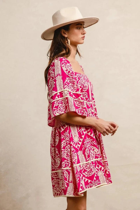 BiBi Aztec Woven Printed Contrast Binding Dress - Fashorio