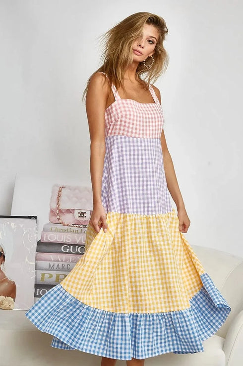 BiBi Color Block Tiered Gingham Dress - Fashorio