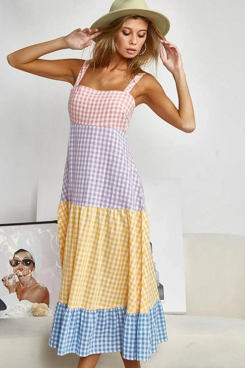 BiBi Color Block Tiered Gingham Dress - Fashorio