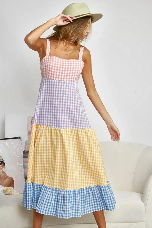 BiBi Color Block Tiered Gingham Dress - Fashorio