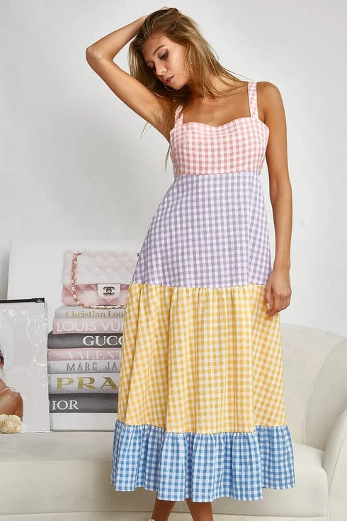 BiBi Color Block Tiered Gingham Dress - Fashorio