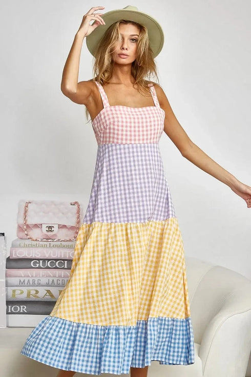 BiBi Color Block Tiered Gingham Dress - Fashorio