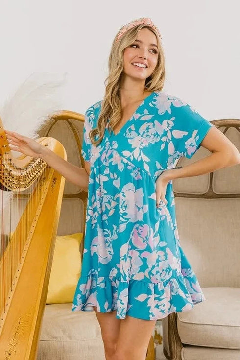 BiBi Floral Crinkle Shirred Ruffle Detail V Neck Dress - Fashorio