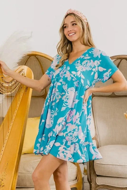 BiBi Floral Crinkle Shirred Ruffle Detail V Neck Dress - Fashorio