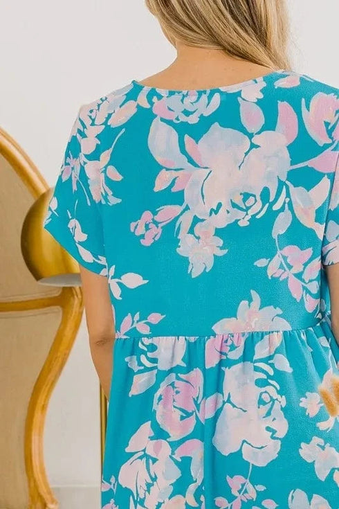 BiBi Floral Crinkle Shirred Ruffle Detail V Neck Dress - Fashorio