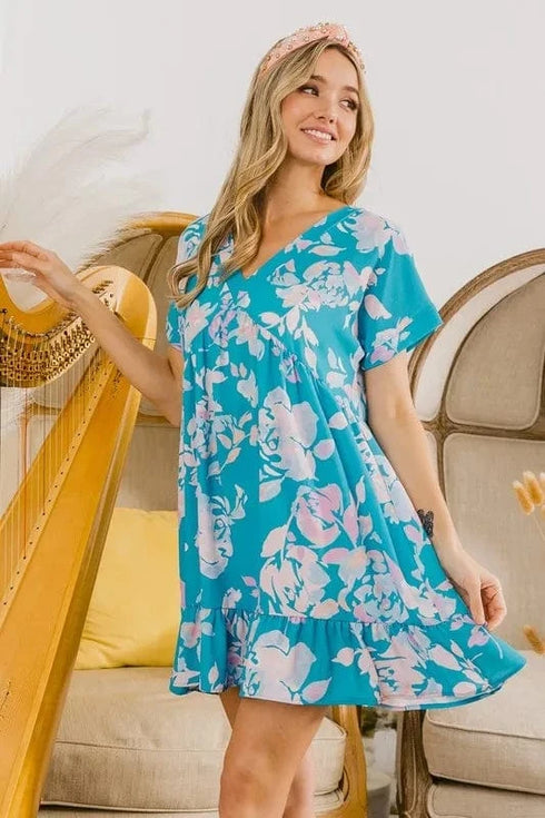 BiBi Floral Crinkle Shirred Ruffle Detail V Neck Dress - Fashorio