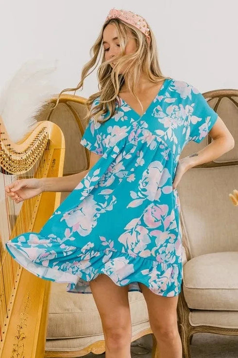 BiBi Floral Crinkle Shirred Ruffle Detail V Neck Dress - Fashorio