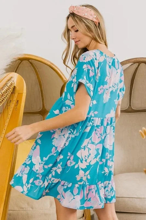 BiBi Floral Crinkle Shirred Ruffle Detail V Neck Dress - Fashorio