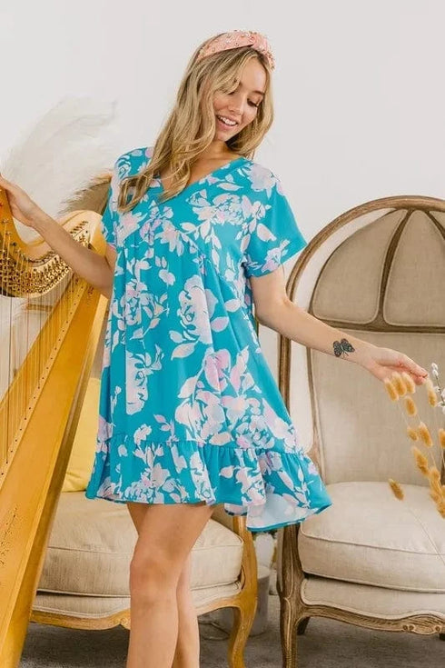 BiBi Floral Crinkle Shirred Ruffle Detail V Neck Dress - Fashorio