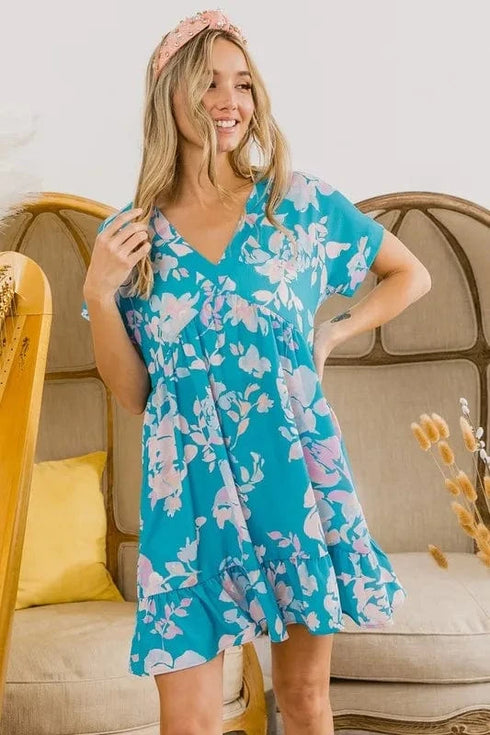 BiBi Floral Crinkle Shirred Ruffle Detail V Neck Dress - Fashorio