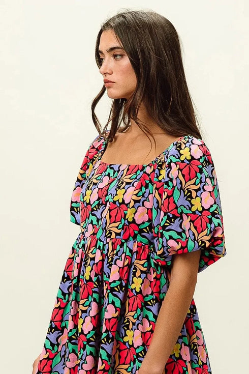 BiBi Floral Print Puff Square Neck Dress - Fashorio