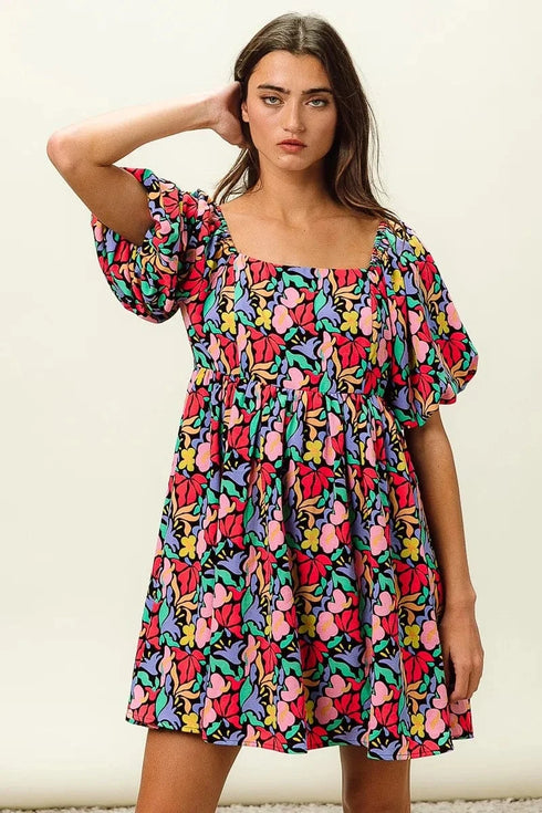 BiBi Floral Print Puff Square Neck Dress - Fashorio