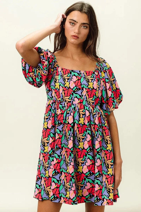 BiBi Floral Print Puff Square Neck Dress - Fashorio