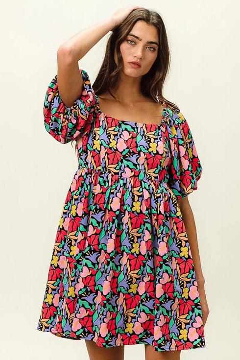 BiBi Floral Print Puff Square Neck Dress - Fashorio