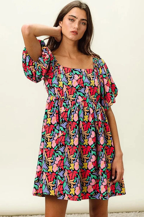 BiBi Floral Print Puff Square Neck Dress - Fashorio