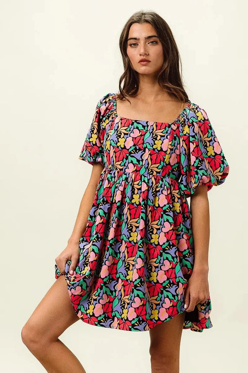 BiBi Floral Print Puff Square Neck Dress - Fashorio