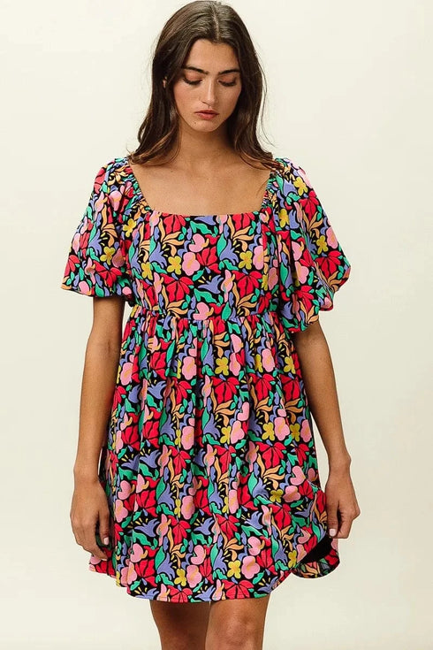 BiBi Floral Print Puff Square Neck Dress - Fashorio