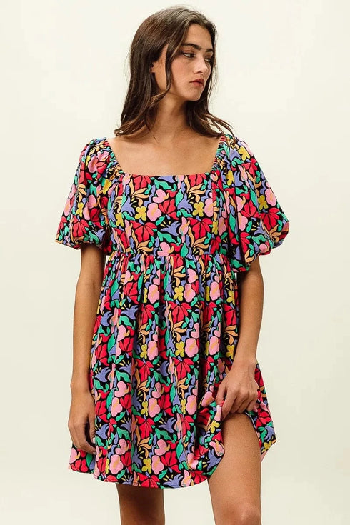 BiBi Floral Print Puff Square Neck Dress - Fashorio